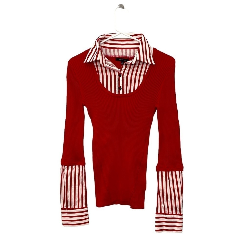 Anne Klein Layered Collar Striped Shirt Sweater | Red | Size M